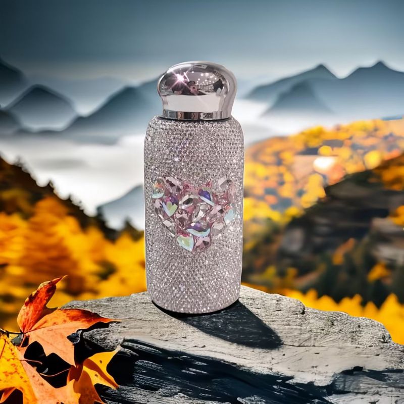 Rhinestone Insulated Bottle 260ml Stainless Bling Mug Heart Pattern Pink