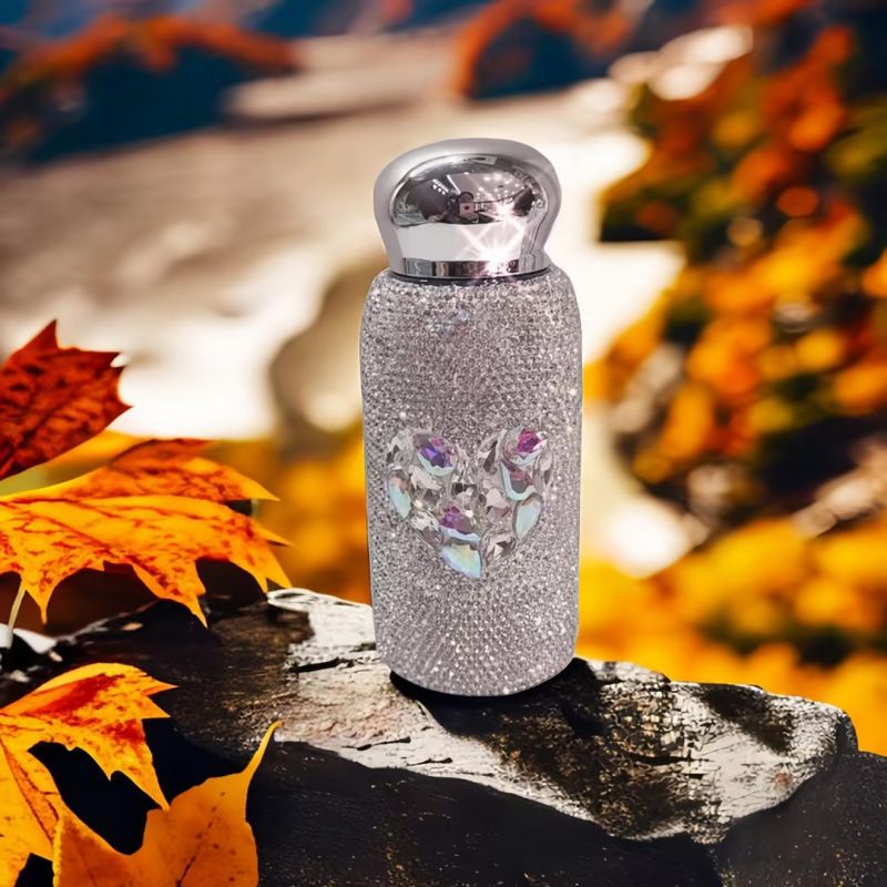 Rhinestone Insulated Bottle 260ml Stainless Bling Mug Heart Pattern White