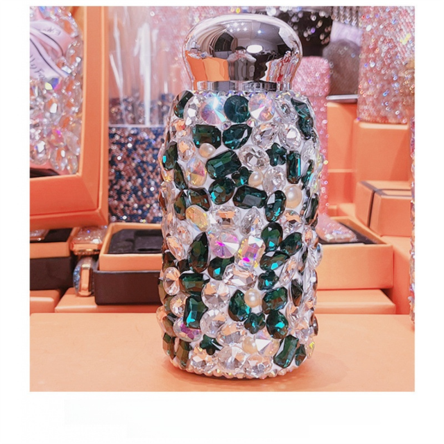 Rhinestone Insulated Bottle 260ml Stainless Bling Mug Square Crystal Green