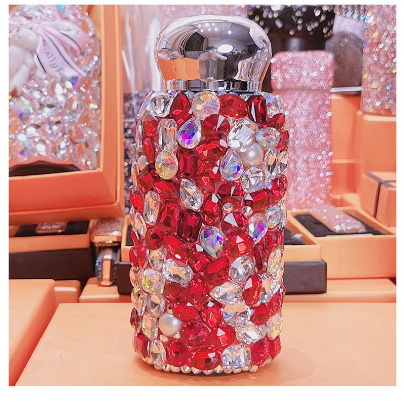 Rhinestone Insulated Bottle 260ml Stainless Bling Mug Square Crystal Red