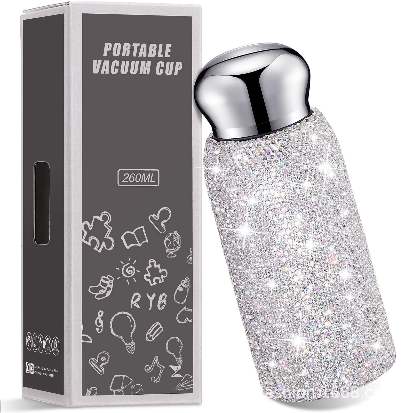 Rhinestone Insulated Water Bottle 260ml Stainless Steel Bling Mug White