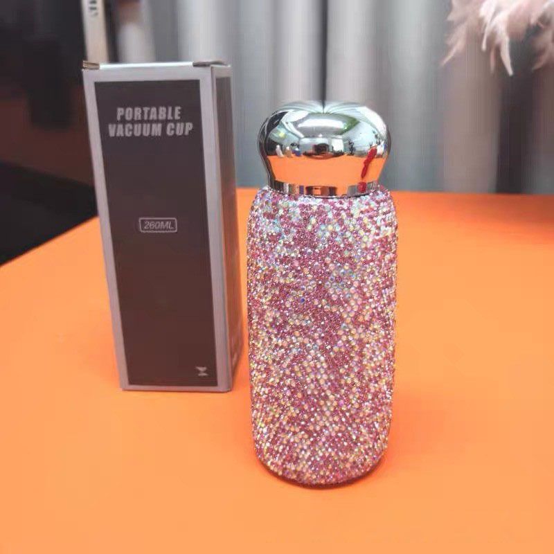 Rhinestone Insulated Water Bottle 260ml Stainless Steel Bling Mug Pink