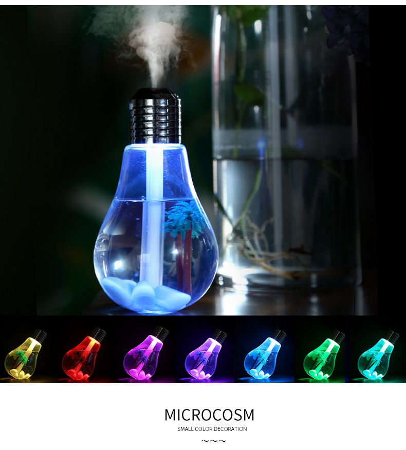 2-piece Golden and Silvery Bulb-Shaped Mini Humidifier – 400ml Ultrasonic Air Moisturizer with 7-Color LED Night Light & Silent Operation – Desktop Decor for Bedroom, Office & Nursery