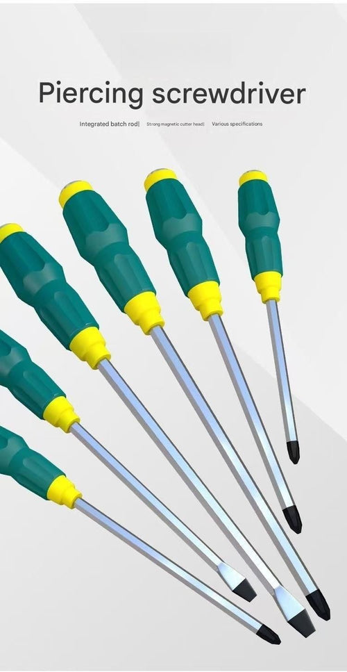 2-piece Green One 10-inch Phillips screwdriver and one 10-inch flathead screwdriver  Impact-Resistant Magnetic Screwdriver with Through-Tang Shaft — Chrome Vanadium Steel Bit, Ergonomic Non-Slip Handle — Ideal for Automotive Repair, Machinery Maintenance,