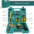 Green 12 Piece Set -Multi-Purpose Home & Car Tool Kit -  Durable Blow-Molded Case, Utility Knife, Tape Measure, Pliers, Hammer, Screwdrivers, Allen Keys - Compact Emergency Repair Set for DIY and Auto Maintenance