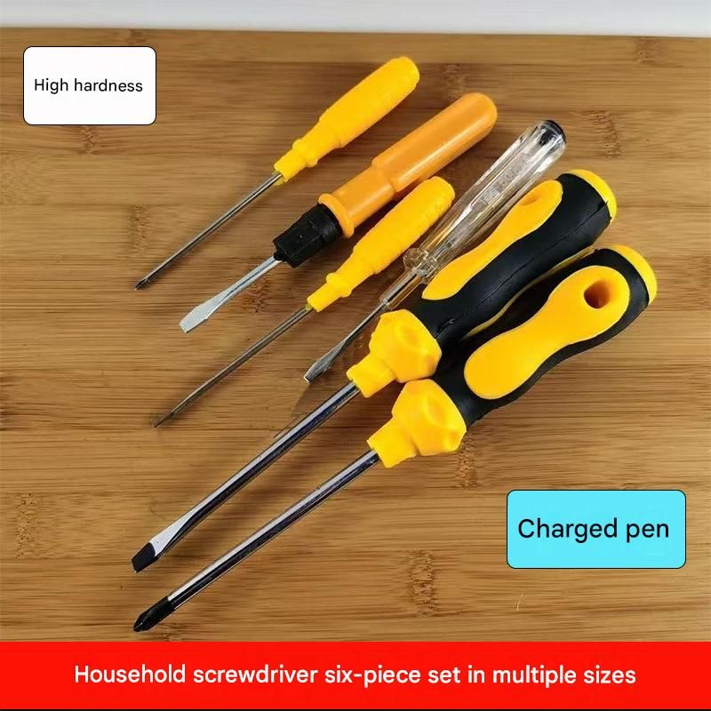 Yellow 6-Piece Household Screwdriver Set – Carbon Steel Tips, Plastic Shafts, Includes Voltage Tester – Durable & Ergonomic DIY Repair Kit for Home Use