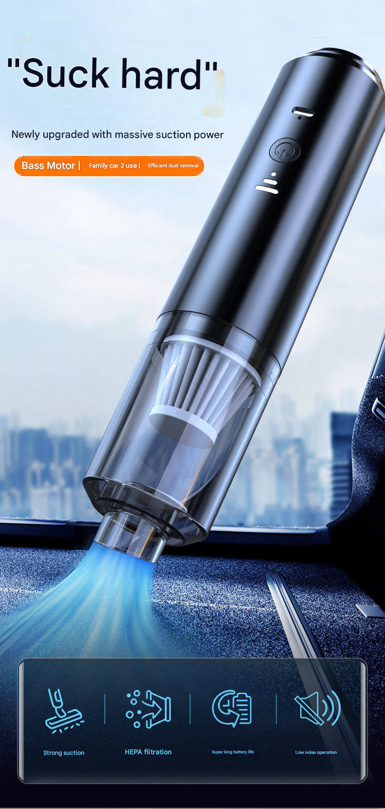 Black 3.7V Wireless Handheld Car Vacuum Cleaner - 45000Pa Strong Suction, HEPA Filter, Type-C Rechargeable, Low Noise <60dB, Blower & Vacuum for Car Interior, Home, Pet Hair, Keyboard