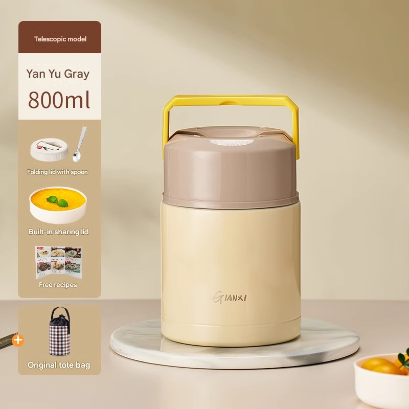 Thermal Food Jar 800ml Insulated Stainless Soup Lunch Pot Retractable Brown