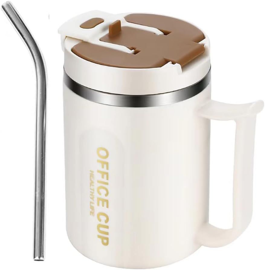 Insulated Coffee Mug 500ml Stainless Steel Phone Stand Lid Straw White Brown