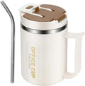 Insulated Coffee Mug 500ml Stainless Steel Phone Stand Lid Straw White Brown