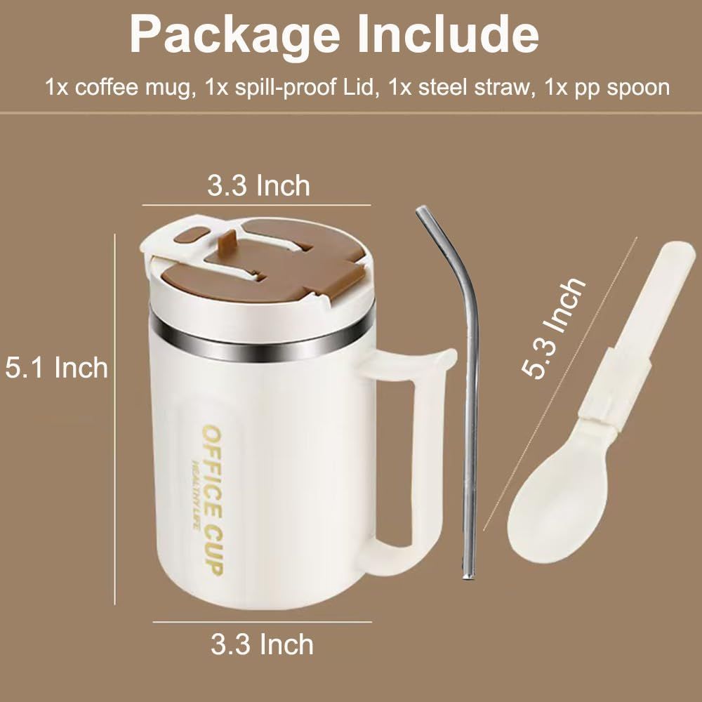 Insulated Coffee Mug 500ml Stainless Steel Phone Stand Lid Straw White Brown