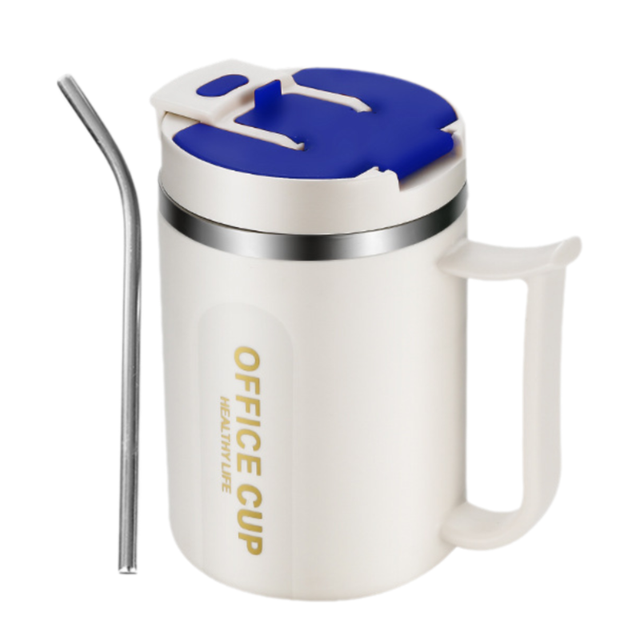 Insulated Coffee Mug 500ml Stainless Steel Cup Phone Stand Lid Straw White Blue