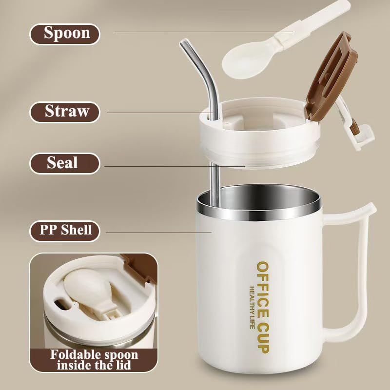 Insulated Coffee Mug 500ml Stainless Steel Cup Phone Stand Lid Straw White Blue
