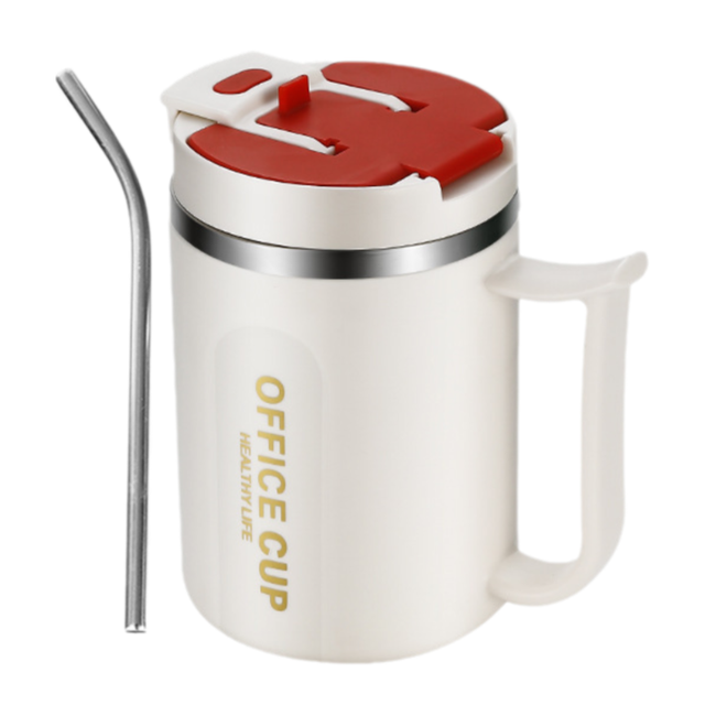 Insulated Coffee Mug 500ml Stainless Steel Cup Phone Stand Lid Straw White Red