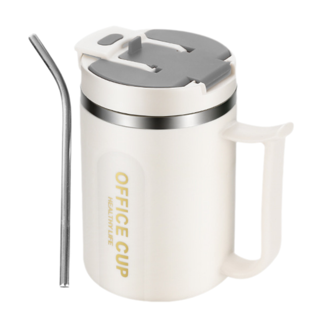 Insulated Coffee Mug 500ml Stainless Steel Cup Phone Stand Lid Straw White Grey