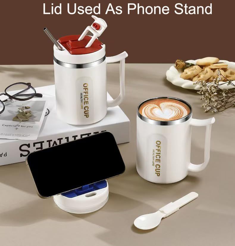 Insulated Coffee Mug 500ml Stainless Steel Cup Phone Stand Lid Straw White Grey