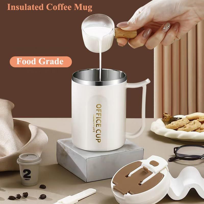 Insulated Coffee Mug 500ml Stainless Steel Cup Phone Stand Lid Straw White Grey
