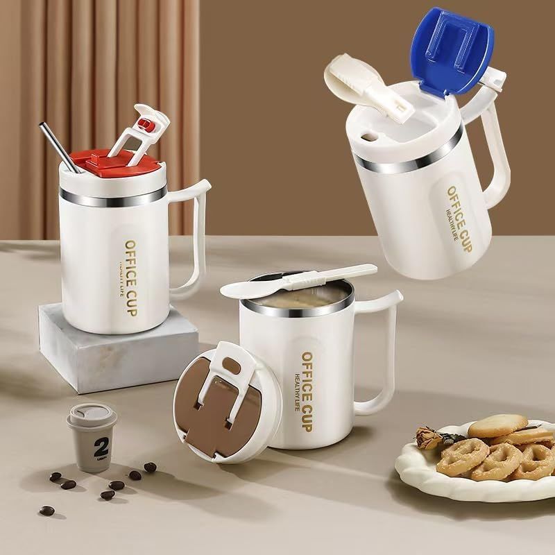 Insulated Coffee Mug 500ml Stainless Steel Cup Phone Stand Lid Straw White Grey