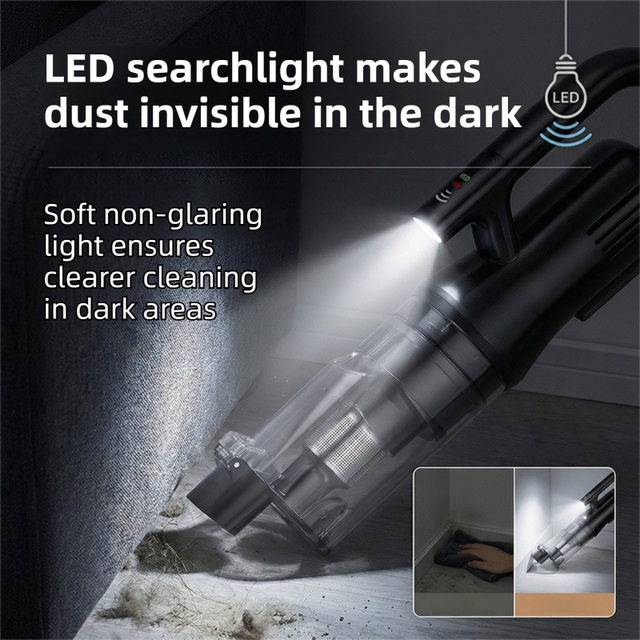 Black Cordless Handheld Vacuum Cleaner with 5 Brush Attachments & LED Light for Home Car - 18KPA Strong Suction, Portable Typec Charging, Battery Digital Display, One Touch Emptying Dust Cup and Cyclone Dust Separation