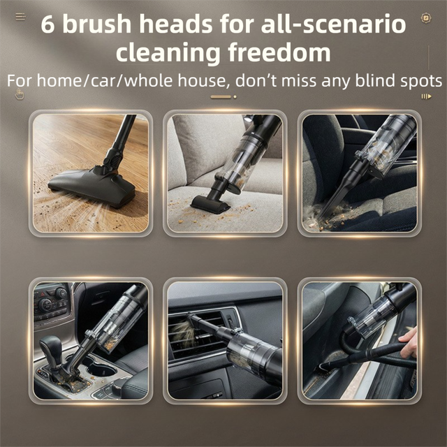 White Cordless Handheld Vacuum Cleaner with 5 Brush Attachments & LED Light for Home Car - 18KPA Strong Suction, Portable Typec Charging, Battery Digital Display, One Touch Emptying Dust Cup and Cyclone Dust Separation