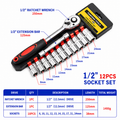 12PCS Portable 1/2 Inch Ratchet Socket Wrench Set - 10 Sizes Metric Socket Set, Quick Release Reversible Ratchet Wrench and Extension Bar for Car Repair Garage and Auto Maintenance