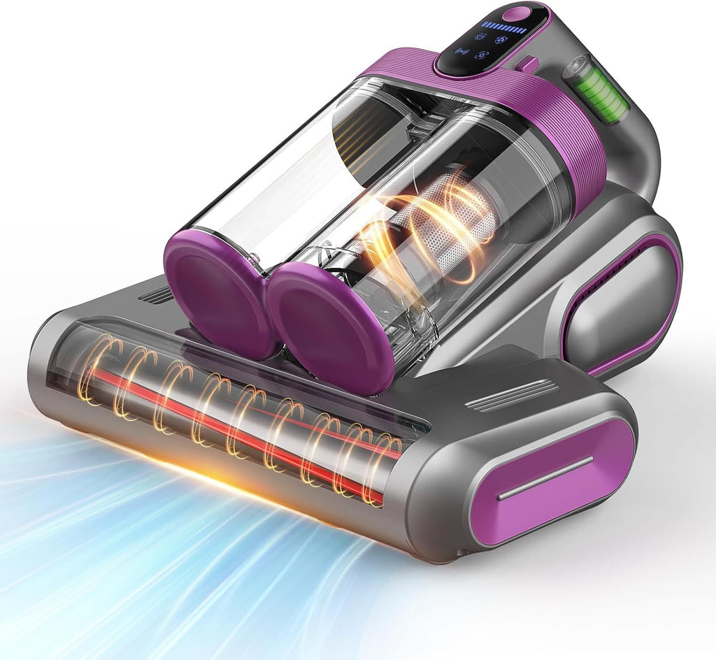 Grey and Purple Wireless UV Mattress Vacuum Cleaner and Handheld Mite Removal Vacuum - Portable Bed Cleaner with 8KPA Strong Suction, Ultrasonic & UV Light Sterilization, 520ML Large Dual Dust Cup, HEPA Filter and LED Display