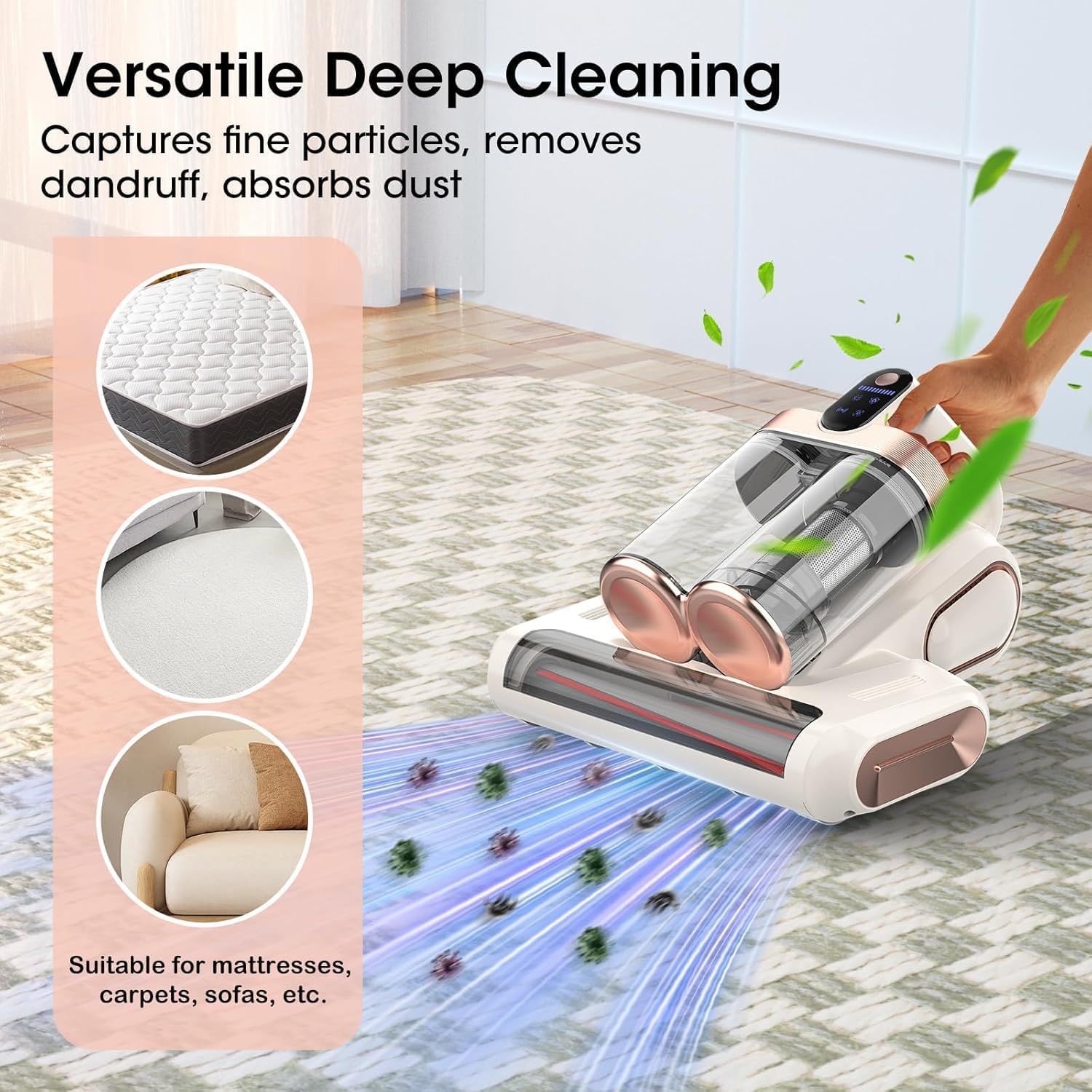 Grey and Purple Wireless UV Mattress Vacuum Cleaner and Handheld Mite Removal Vacuum - Portable Bed Cleaner with 8KPA Strong Suction, Ultrasonic & UV Light Sterilization, 520ML Large Dual Dust Cup, HEPA Filter and LED Display
