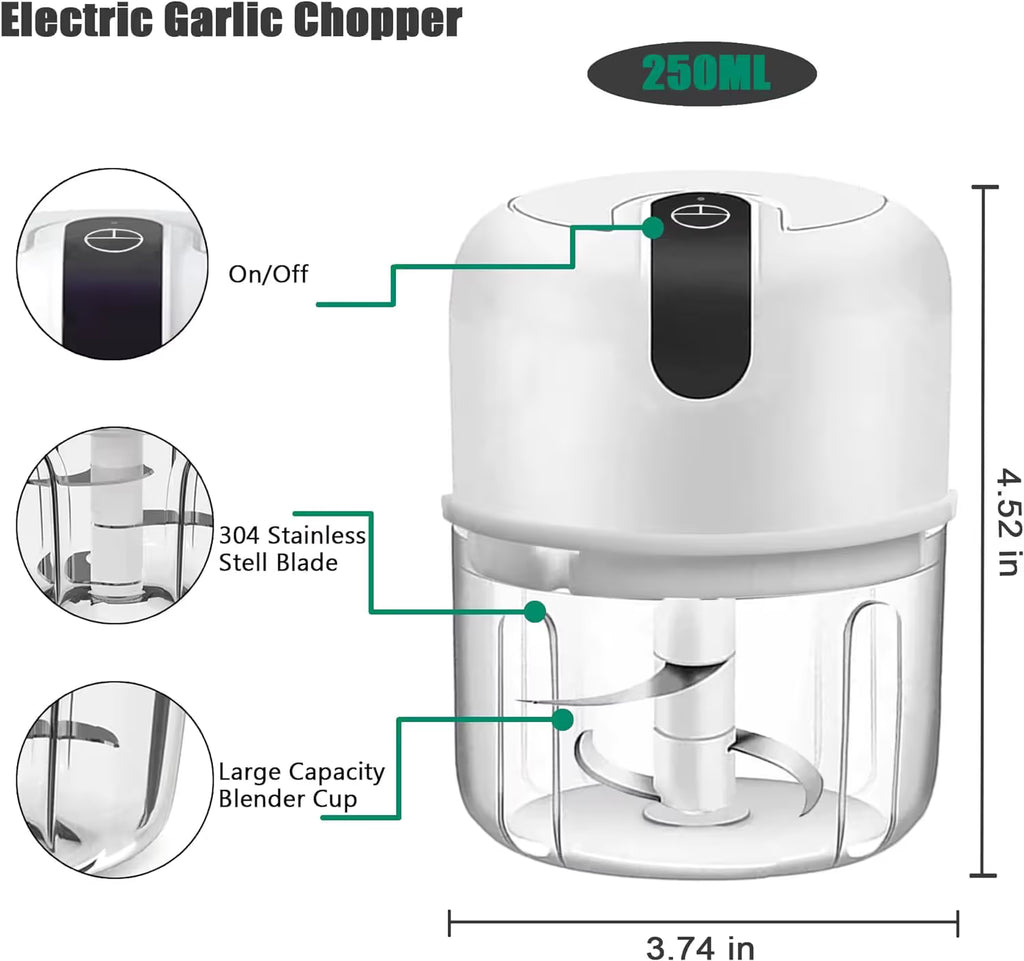 White 250ML Electric Mini Food Processor & Garlic Chopper with 3 Stainless Steel Blades & USB Charging – Portable Smasher & Meat Grinder for Vegetable,Chili,Fruits,Ginger and Baby Food,Seasoning