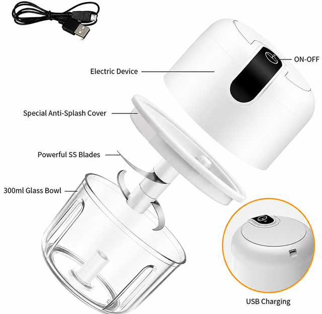 Pink 300ML Electric Mini Food Processor & Garlic Chopper with Glass Bowl,3 Stainless Steel Blades & USB Charging – Portable Smasher & Meat Grinder for Vegetable,Chili,Fruits,Ginger and Baby Food,Seasoning