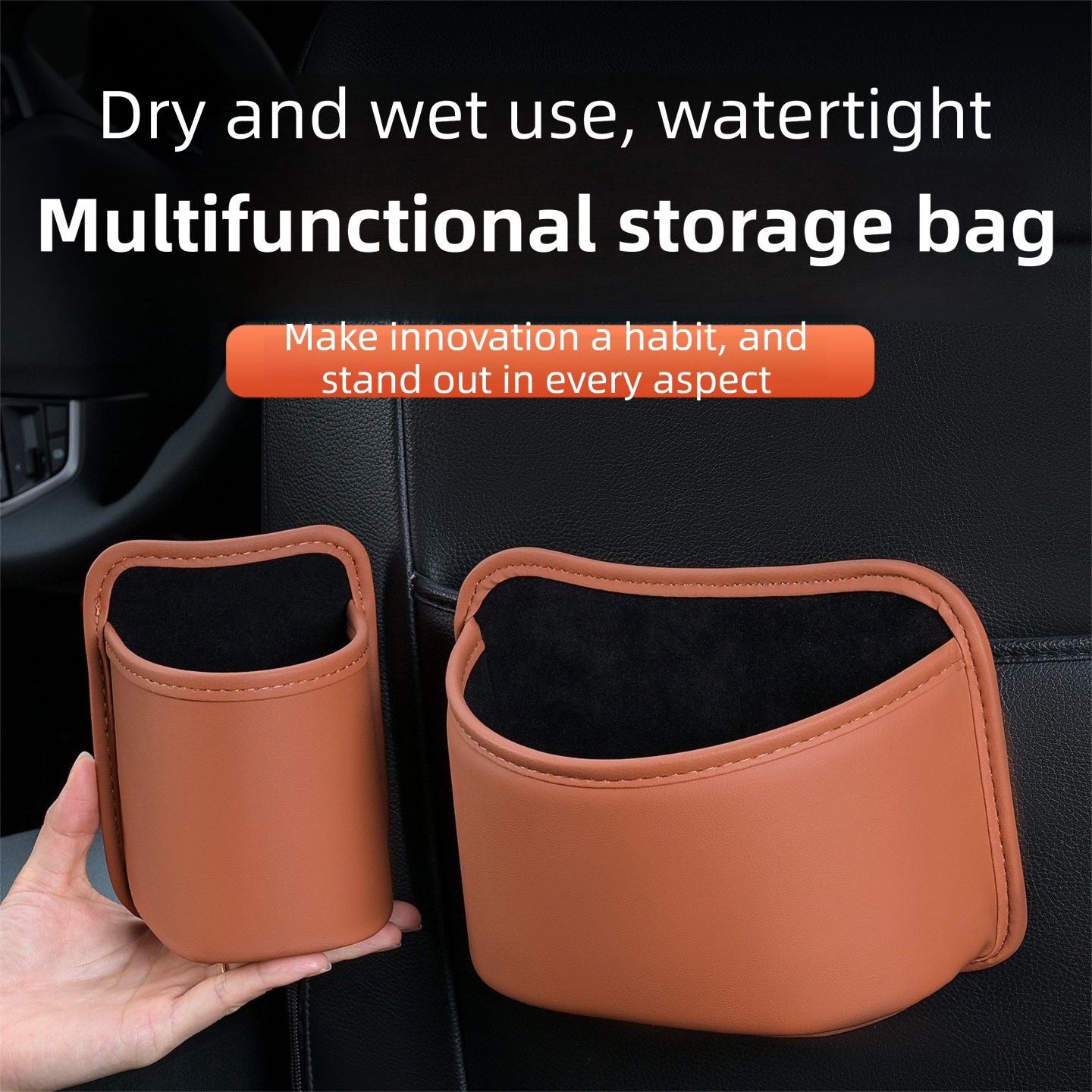 Grey White Waterproof Leather Car Hanging Storage Organizer with Back Clip 20 x 14.5CM – Mutifunctional Car Trash Bin Cup Holder Phone Storage Pocket for Seat Back, Door & Center Console