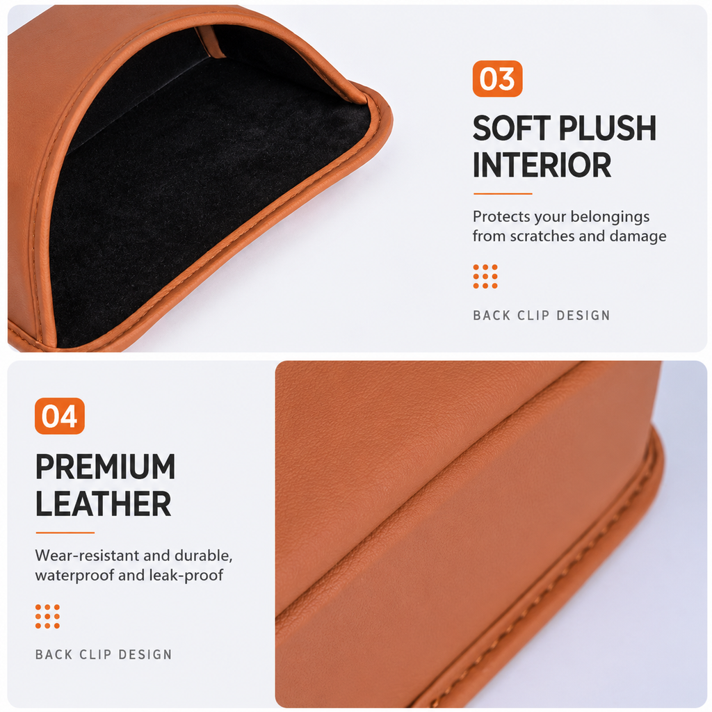 Grey White Waterproof Leather Car Hanging Storage Organizer with Back Clip 20 x 14.5CM – Mutifunctional Car Trash Bin Cup Holder Phone Storage Pocket for Seat Back, Door & Center Console