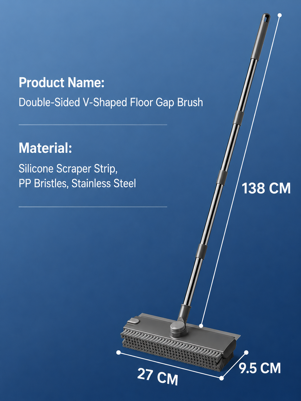 Grey and Orange 360°Rotating Detachable V-Shaped Floor Scrub Brush for Indoor & Outdoor Use – 3-in-1 Groove Corner Gap Cleaning Tool with Silicone Squeegee, 134CM Stainless Steel Telescopic Handle and Collection Clip