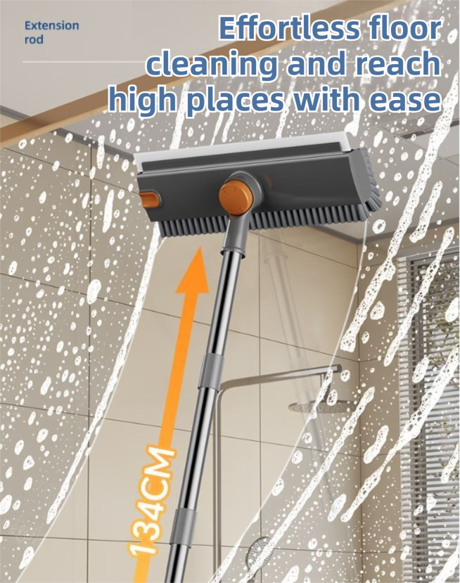 Grey and White 360°Rotating Detachable V-Shaped Floor Scrub Brush for Indoor & Outdoor Use – 3-in-1 Groove Corner Gap Cleaning Tool with Silicone Squeegee, 134CM Stainless Steel Telescopic Handle and Collection Clip