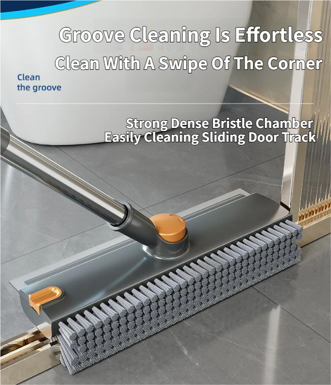 2-Piece Deep Cleaning Floor Brush and Mini Detail Gap Brush Set for Large Surfaces & Tight Gaps – Grey Orange Heavy Duty 360° Rotating V-Shaped Floor Scrubber with Silicone Squeegee and 134CM Telescopic Handle for Outdoor & Indoor Use