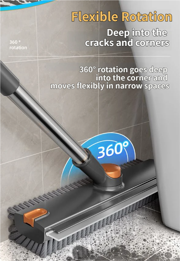 2-Piece Deep Cleaning Floor Brush and Mini Detail Gap Brush Set for Large Surfaces & Tight Gaps – Grey Orange Heavy Duty 360° Rotating V-Shaped Floor Scrubber with Silicone Squeegee and 134CM Telescopic Handle for Outdoor & Indoor Use