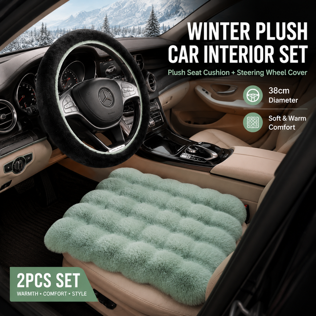 Winter Car Seat Cushion + Plush Steering Wheel Cover Set Fluffy 38cm Green