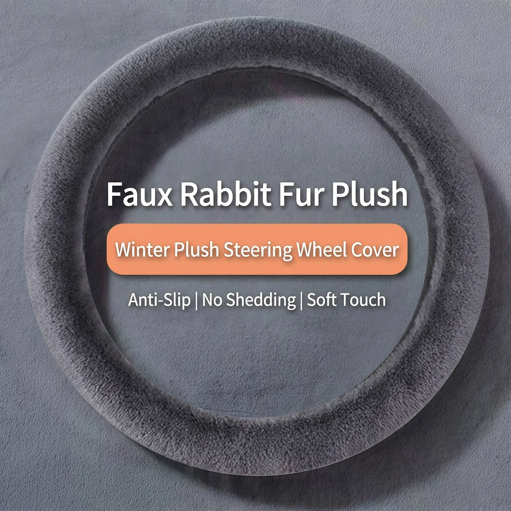 Winter Car Seat Cushion + Plush Steering Wheel Cover Set Fluffy 38cm Khaki