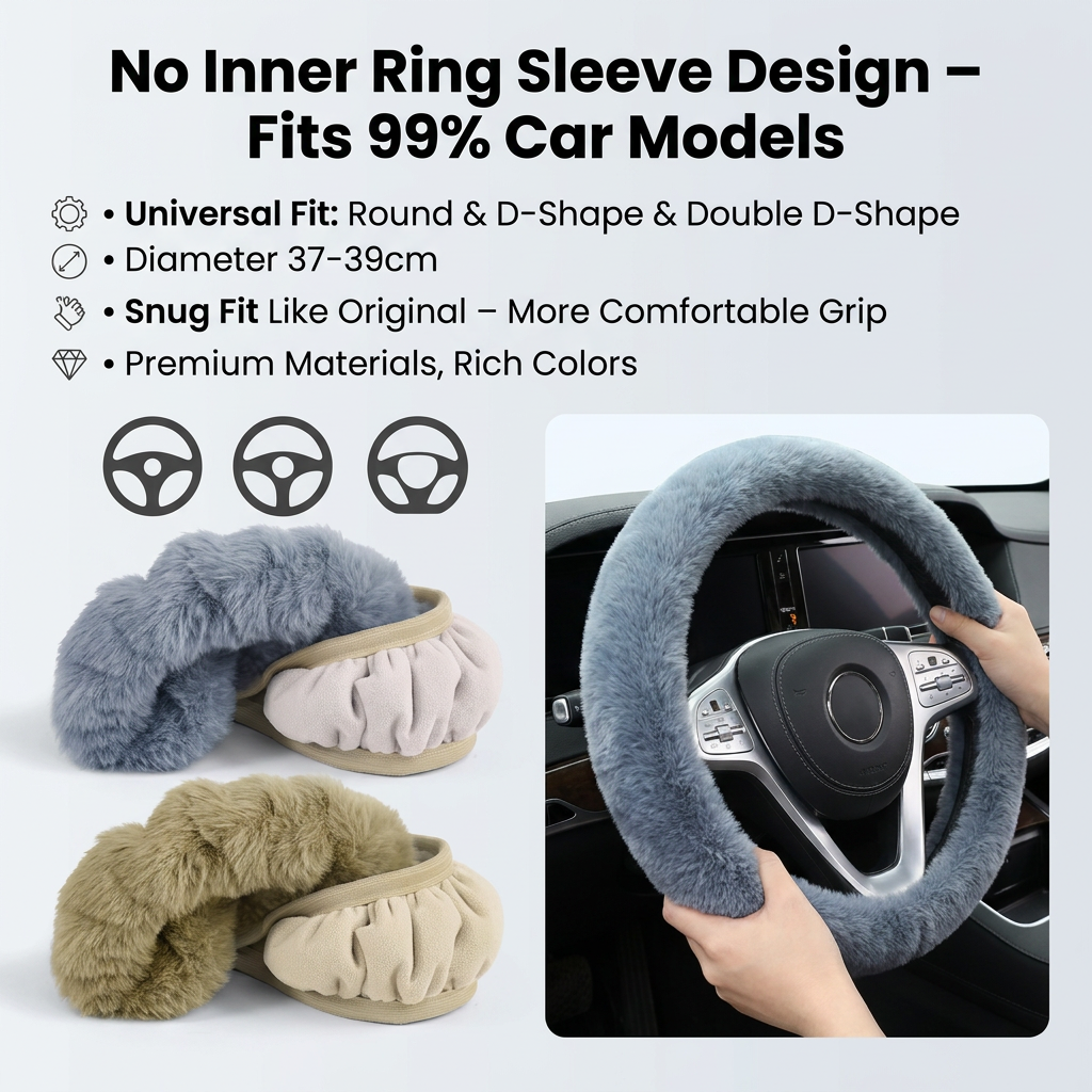 Winter Car Seat Cushion + Plush Steering Wheel Cover Set Fluffy 38cm White
