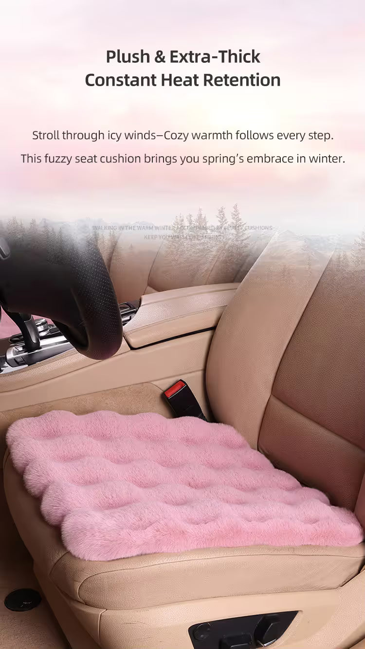 Winter Car Seat Cushion + Plush Steering Wheel Cover Set Fluffy 38cm Black