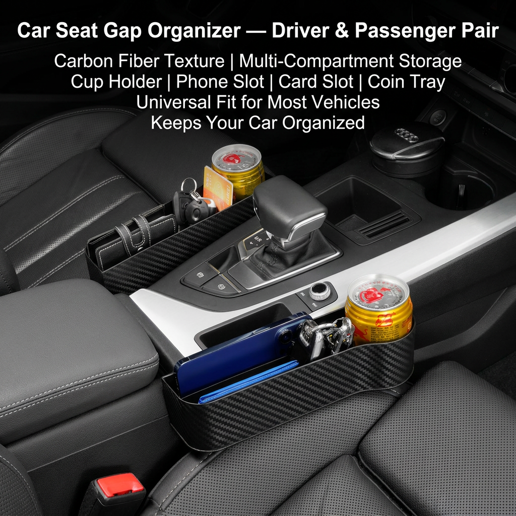 2x Carbon Fibre Car Seat Gap Filler Organiser Storage Box Cup Holder Charging