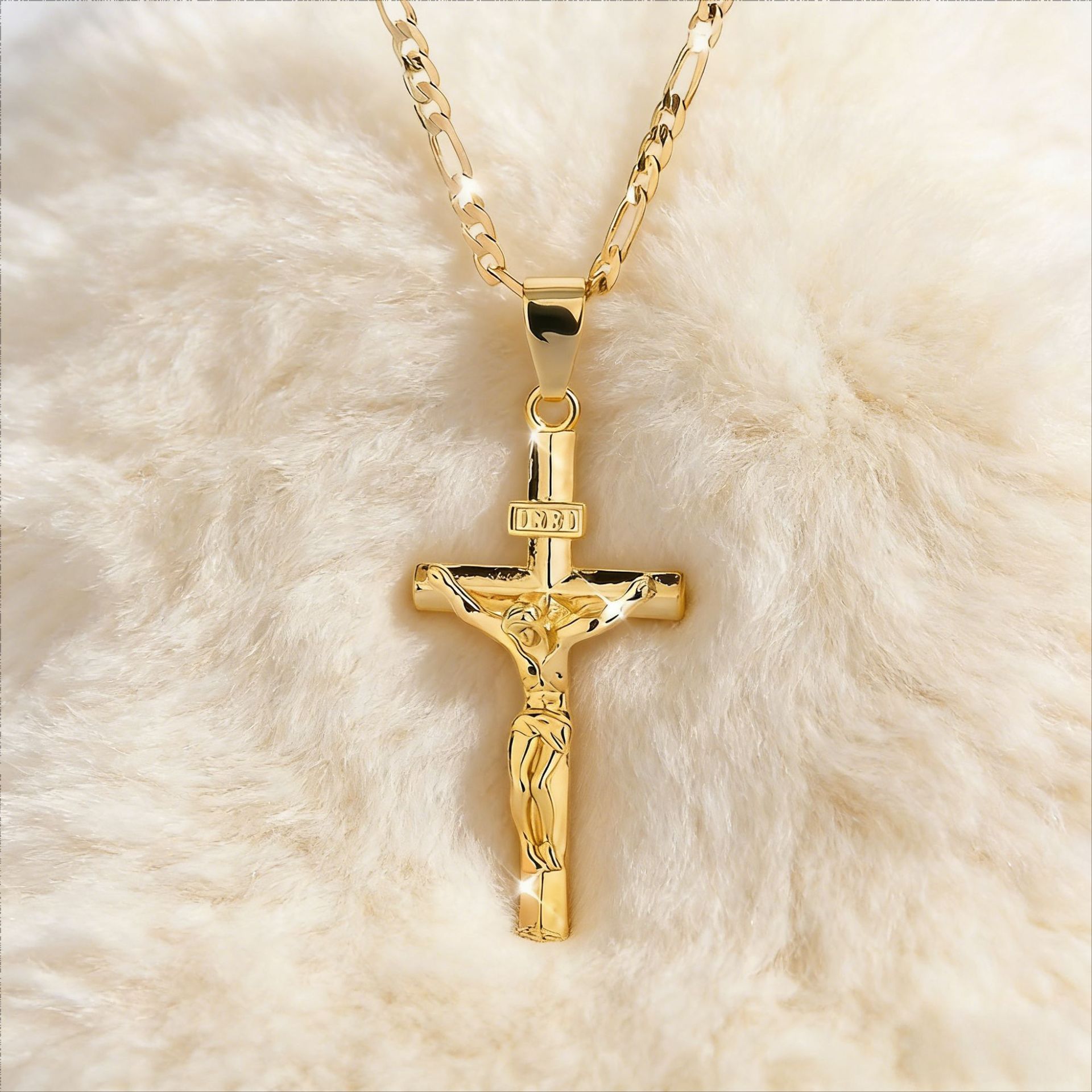 Vintage Gold-plated Jesus Cross Pendant Necklace with Smooth Long Chain & Gift Box, Minimalist Jesus Religious Jewelry Christmas Easter Graduation Gift for Women Men