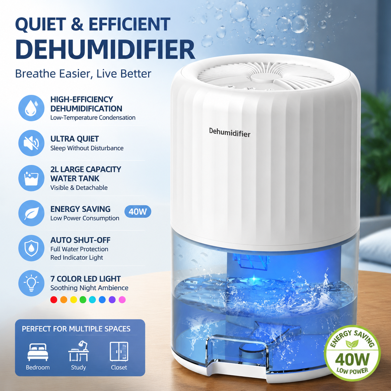 Mini Dehumidifier 2L Portable Quiet Air Purifying Night Light Auto Off White