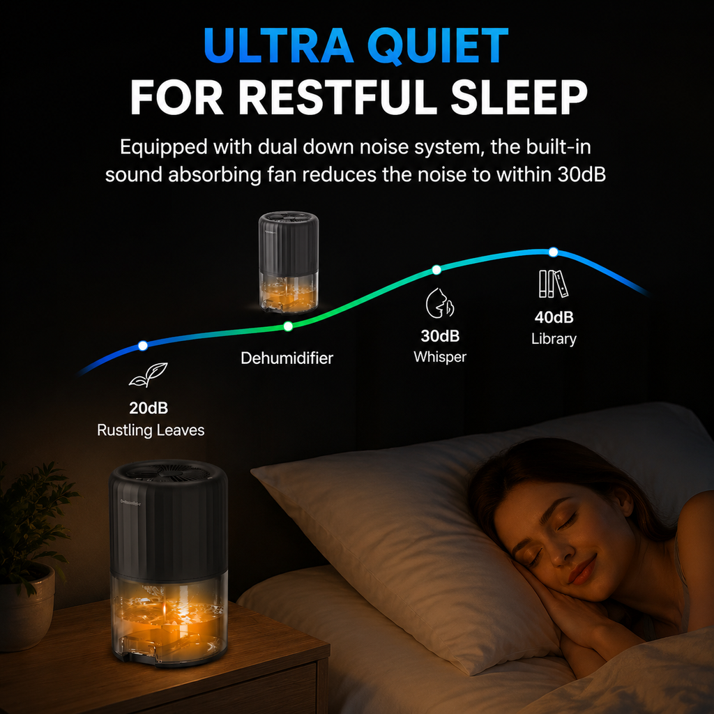 Mini Dehumidifier 2L Portable Quiet Air Purifying Night Light Auto Off White