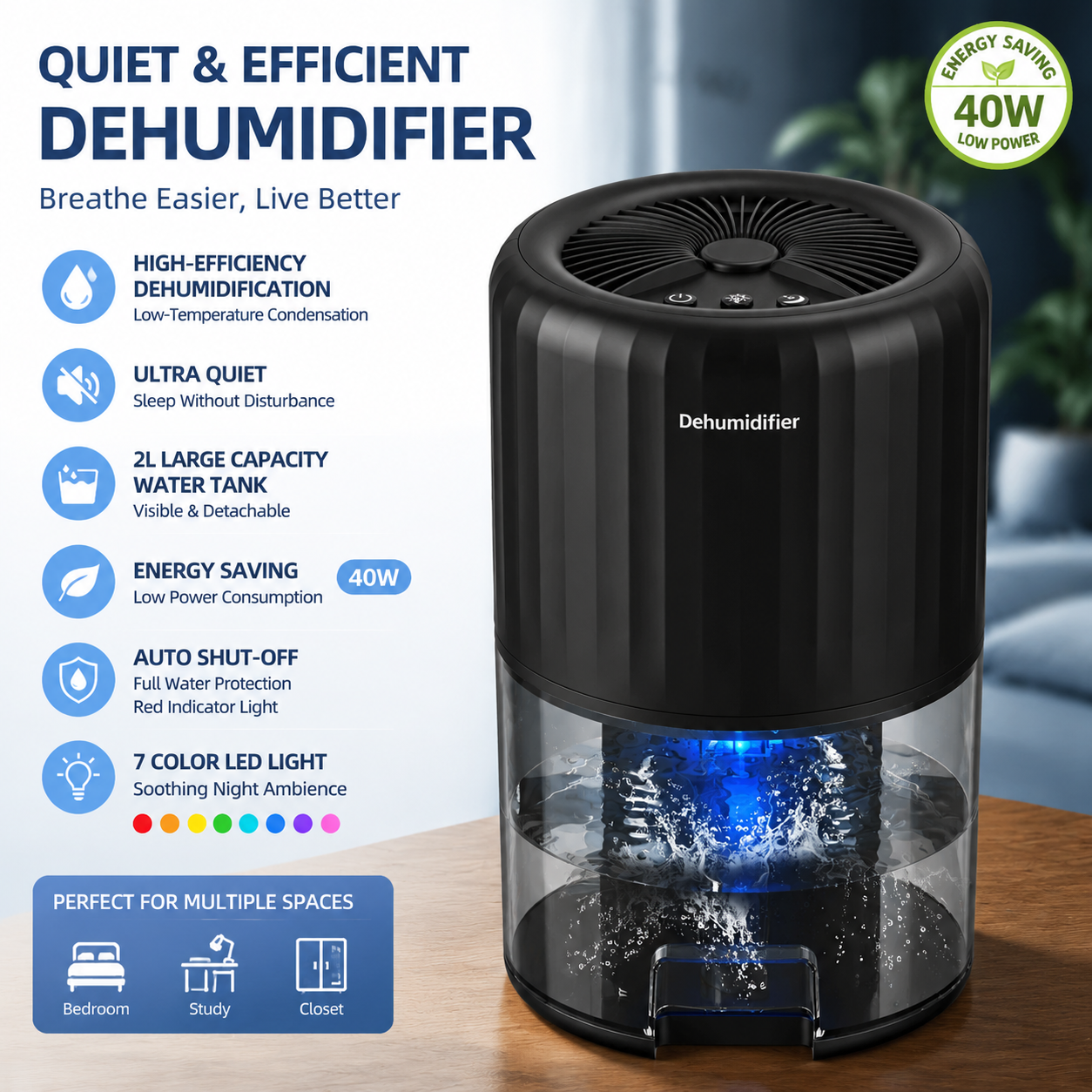 Mini Dehumidifier 2L Portable Quiet Air Purifying Night Light Auto Off Black