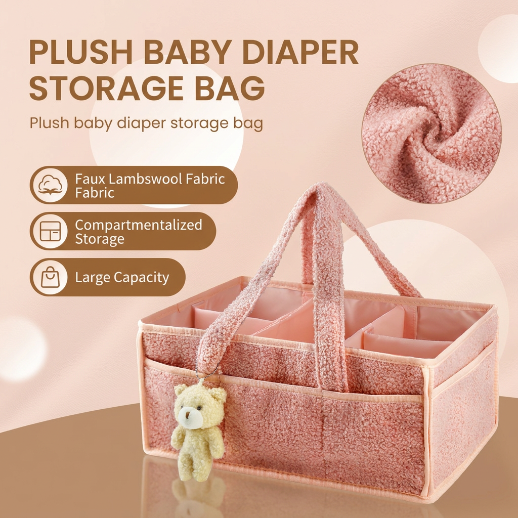 Pink Large Capacity Plush Baby Diaper Caddy Storage Tote, Foldable Nursery Organizer Bag and Mommy Handbag with Muti Pockets, 4 Adjustable Dividers and Teddy Charm for Travel & Home Use (15.3 x 10.6 x 7")