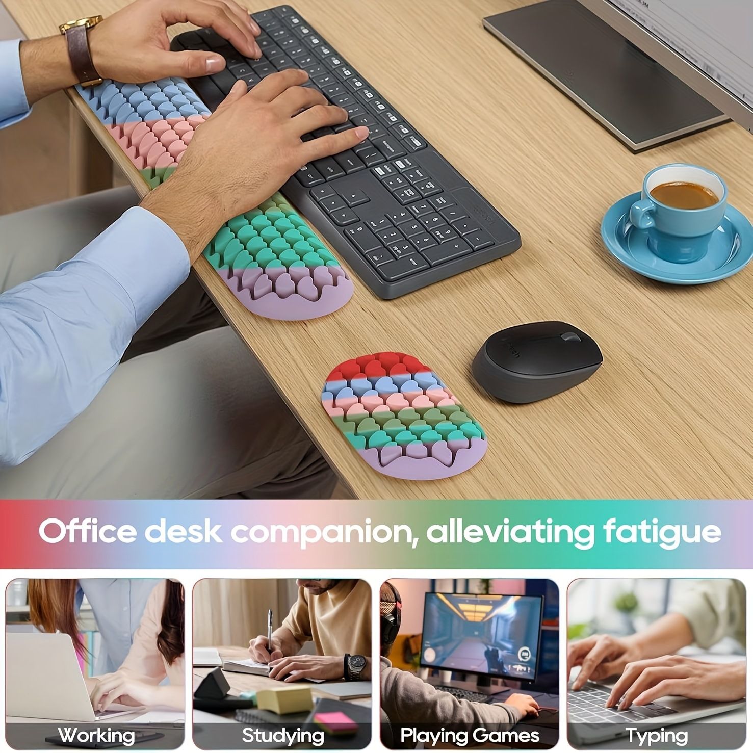 2-Piece Colorful Heart Silicone Ergonomic Keyboard & Mouse Wrist Pad Set – Washable Non-Slip Gel Hand Support for Home Office Gaming & Typing