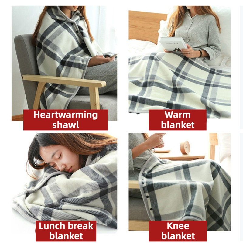 Warm Cozy Study and Office Corner Set with Wearable Dual Layer Fleece Shawl Blanket and Fluffy Plush A5 Lock Diary & Pen Gift Box - Plaid Thermal Nap Wrap and Rose Red Cute Stationery Kit for Workers and Students
