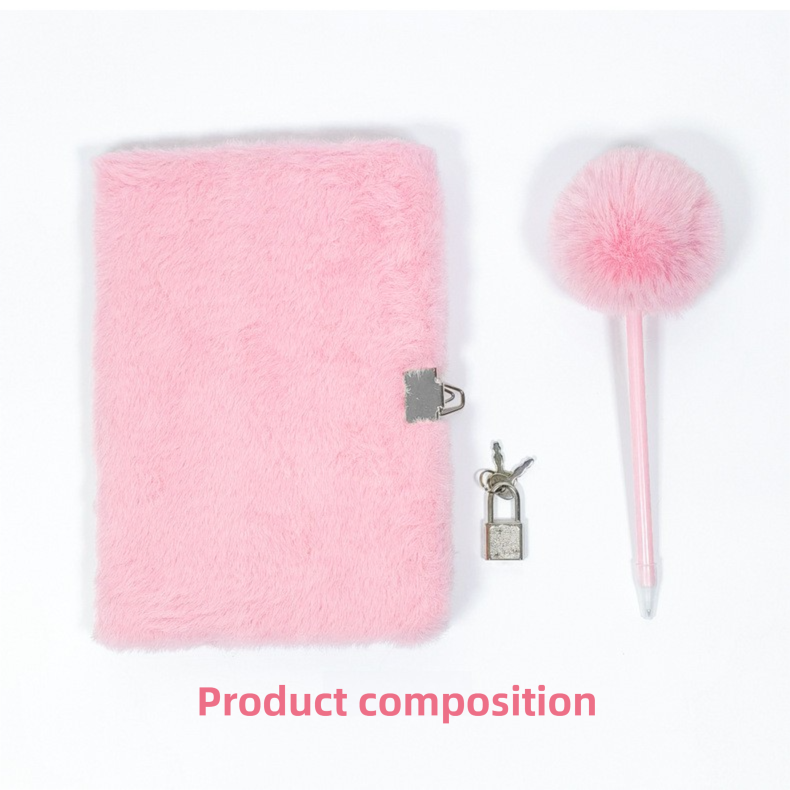 Pink Plush A5 Notebook and Pom Pom Pen Gift Box with Privacy Lock & Key - Soft Faux Fur Diary, Secure Personal Journal, Perfect Gift-Ready Stationery for Kids and Teens