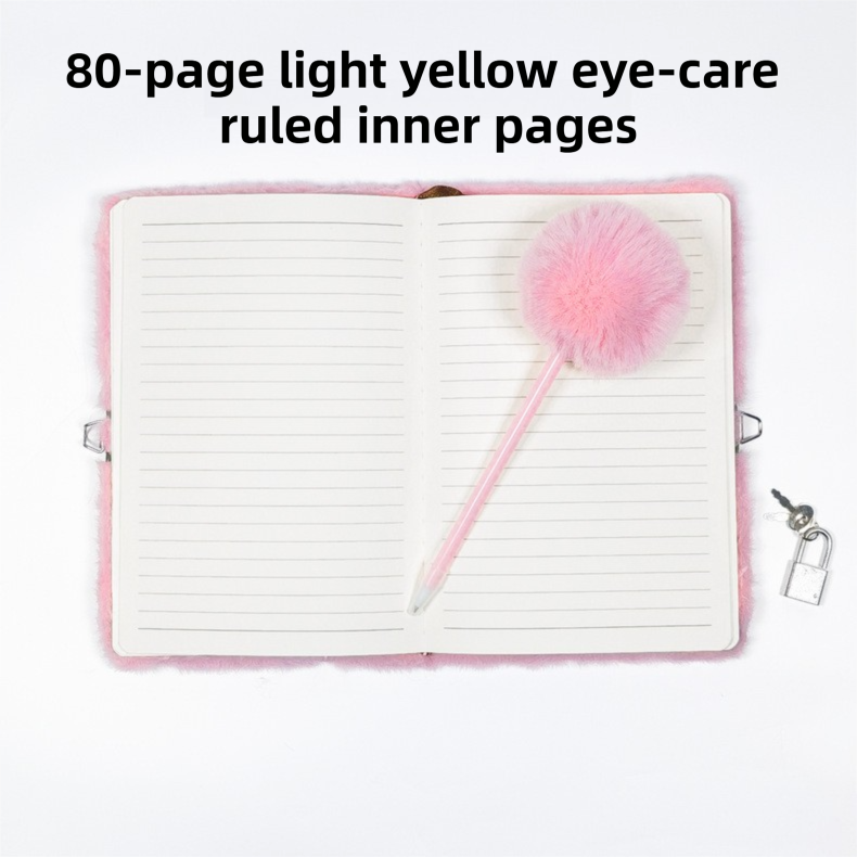 White Plush A5 Notebook and Pom Pom Pen Gift Box with Privacy Lock & Key - Soft Faux Fur Diary, Secure Personal Journal, Perfect Gift-Ready Stationery for Kids and Teens