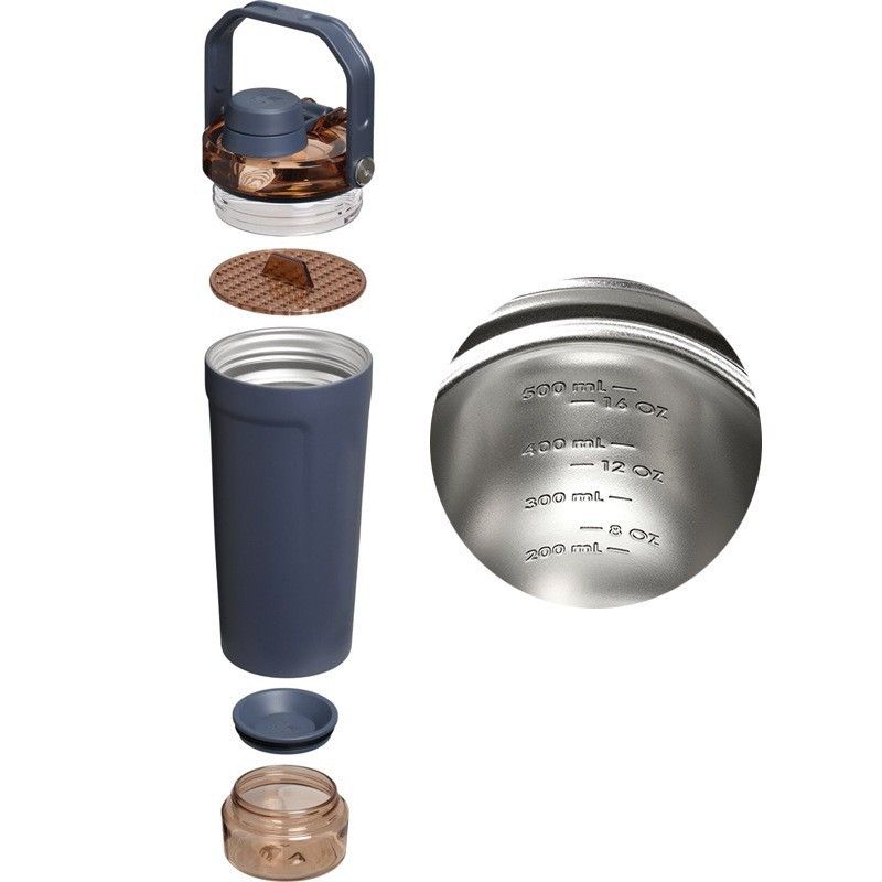 Blue Sports Nutritional Drinkware Set with 16oz Stainless Steel Protein Shaker Bottle and Sliding Anti-spill Scoop - Vacuum Insulated Gym Flask with Detachable Bottom Storage Capsule and Quick-Open Lid, Filter Net & Portable Handle for Gym and Outdoor Wo